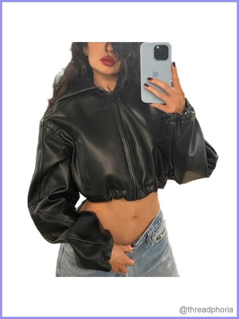 Faux Leather Jacket Women Zip Up Hooded Cropped Bomber Moto Streetwear